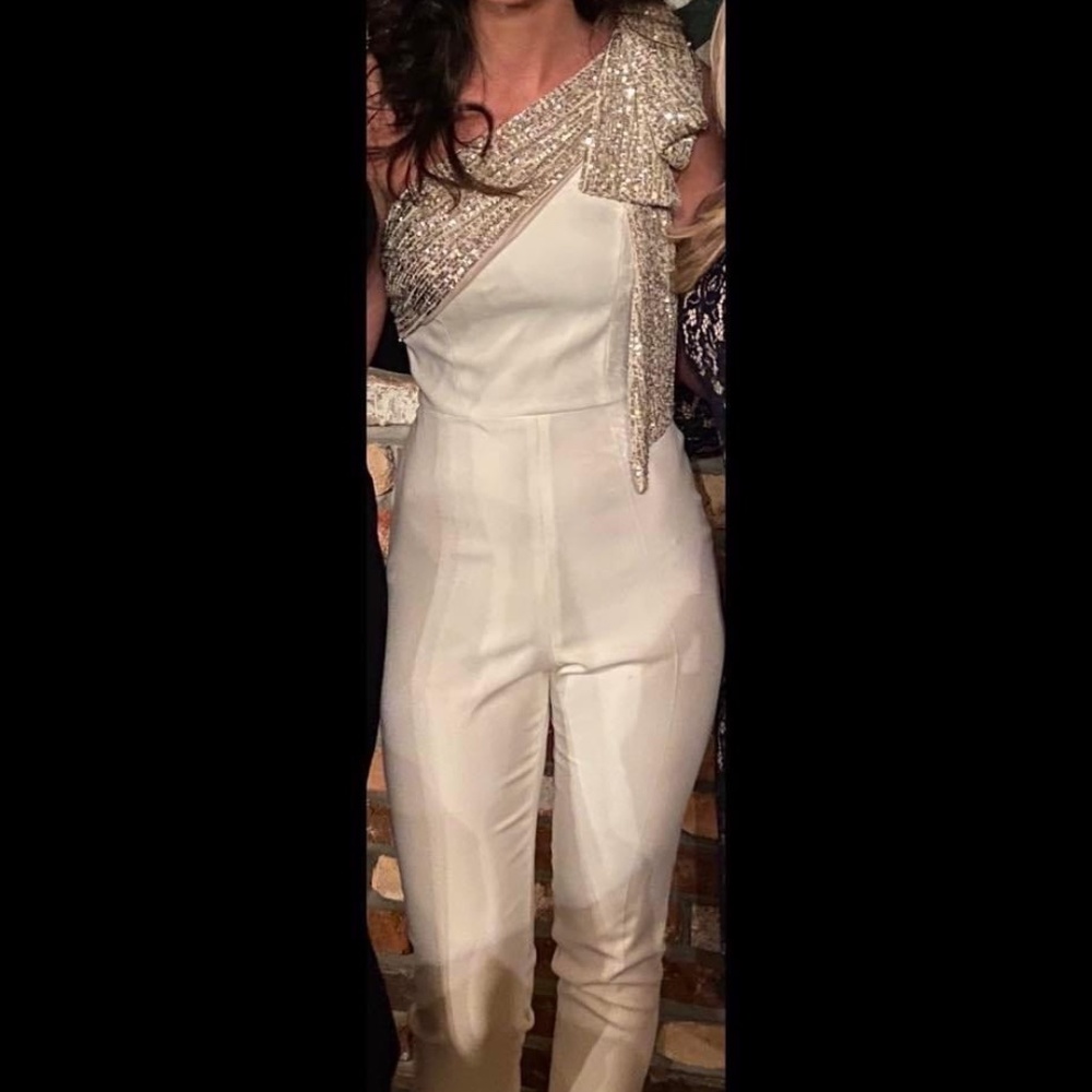 Gavin One-Shoulder Stretch Crepe Jumpsuit w/ Sequin Bow Shoulder
